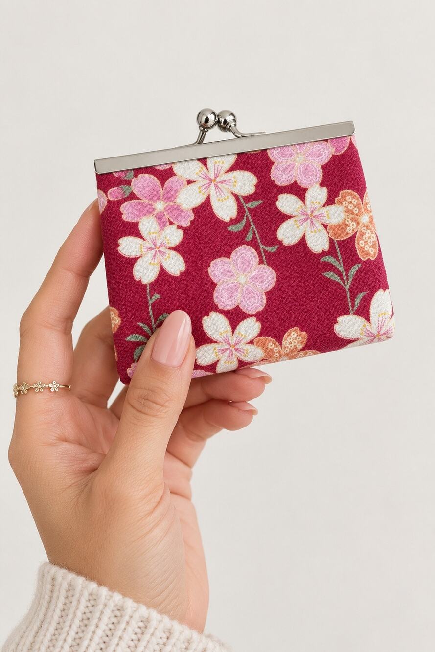 Japanese Cherry Blossom Kiss Lock Clasp Accordion Side Coin Purse